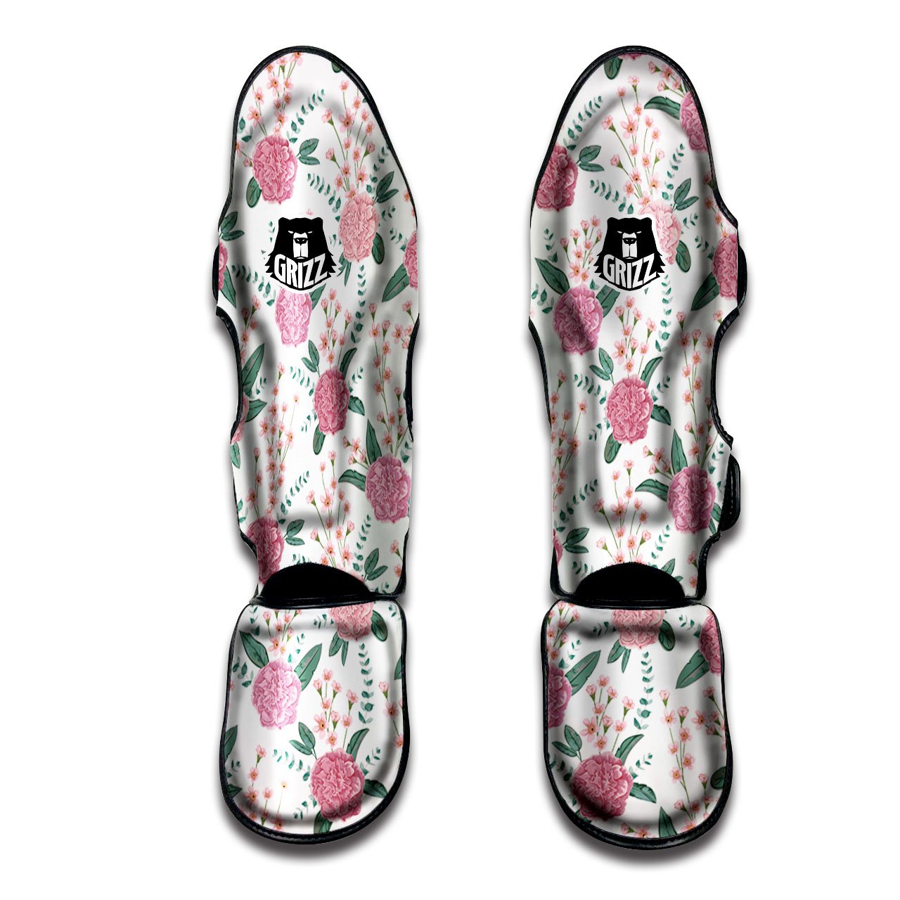 Pink Carnation White Print Pattern Muay Thai Shin Guards-grizzshop