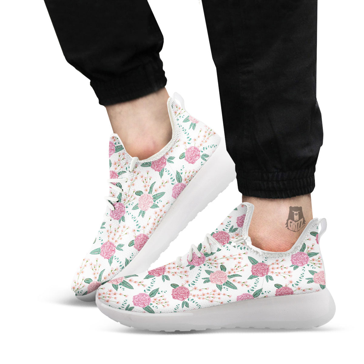 Pink Carnation White Print Pattern White Athletic Shoes-grizzshop