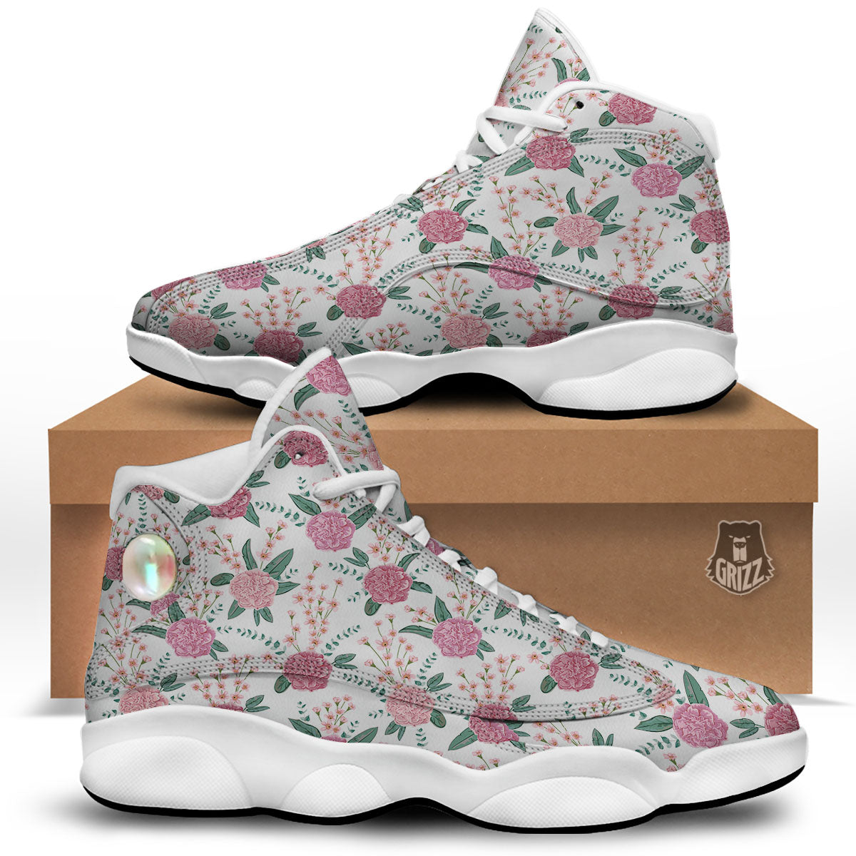 Pink Carnation White Print Pattern White Basketball Shoes-grizzshop