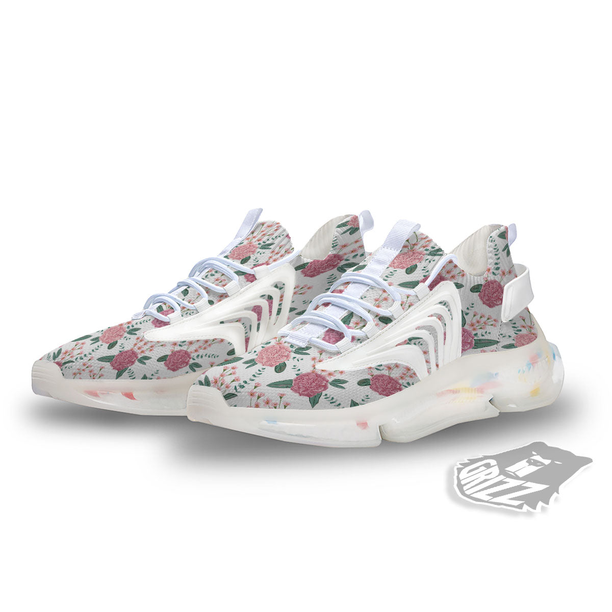 Pink Carnation White Print Pattern White Gym Shoes-grizzshop