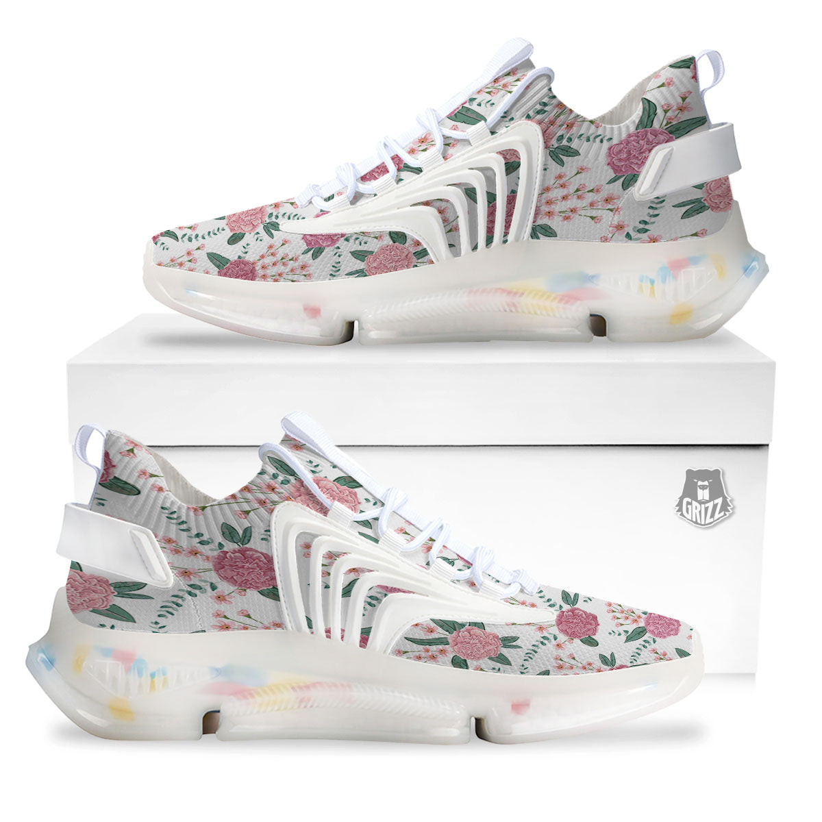 Pink Carnation White Print Pattern White Gym Shoes-grizzshop