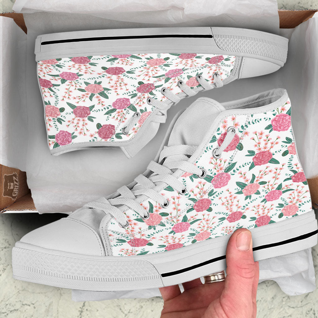Pink Carnation White Print Pattern White High Top Shoes-grizzshop