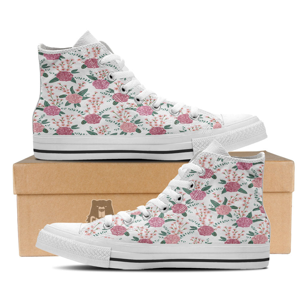 Pink Carnation White Print Pattern White High Top Shoes-grizzshop