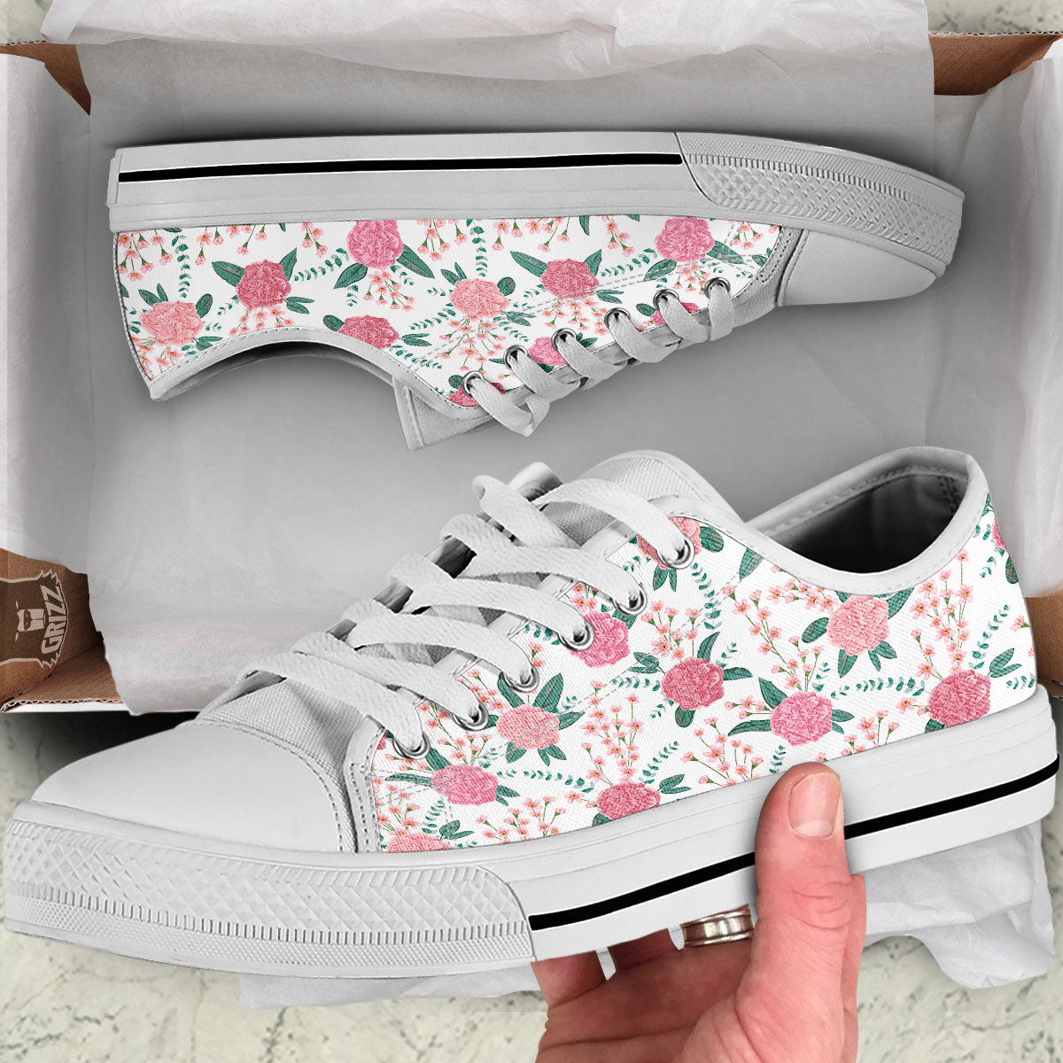 Pink Carnation White Print Pattern White Low Top Shoes-grizzshop