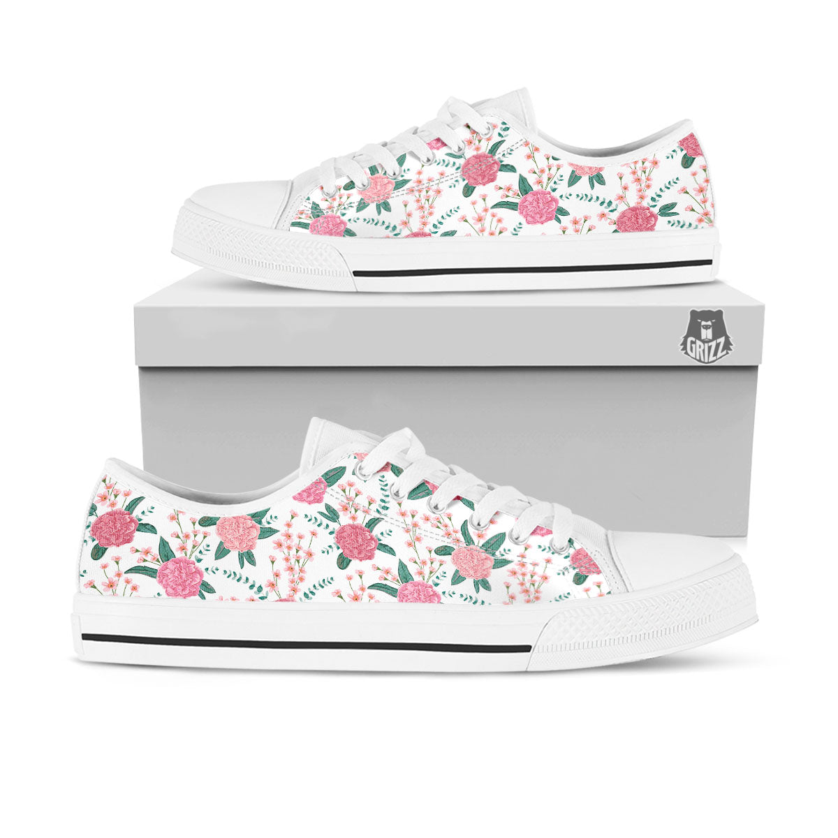 Pink Carnation White Print Pattern White Low Top Shoes-grizzshop