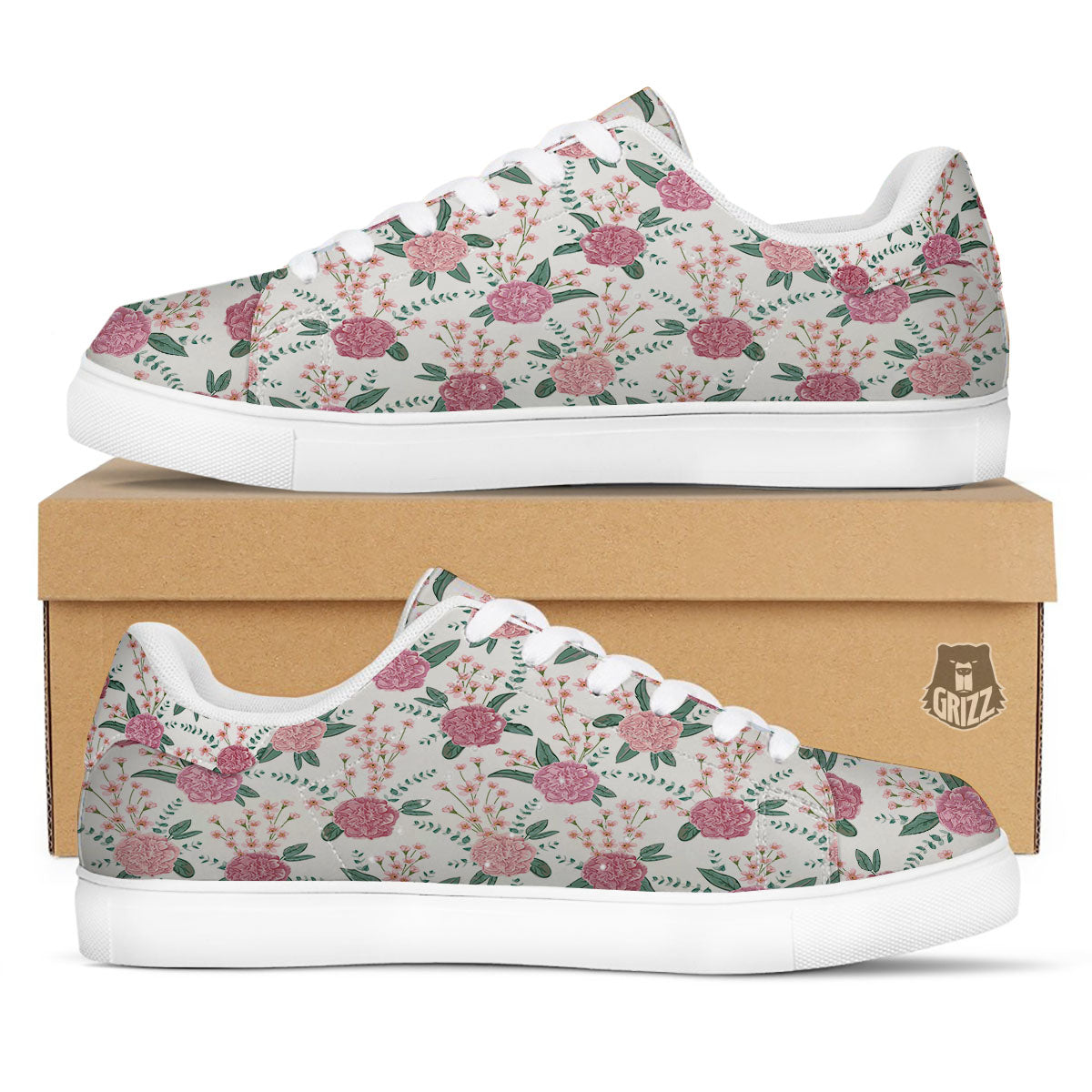 Pink Carnation White Print Pattern White Low Top Sneakers-grizzshop