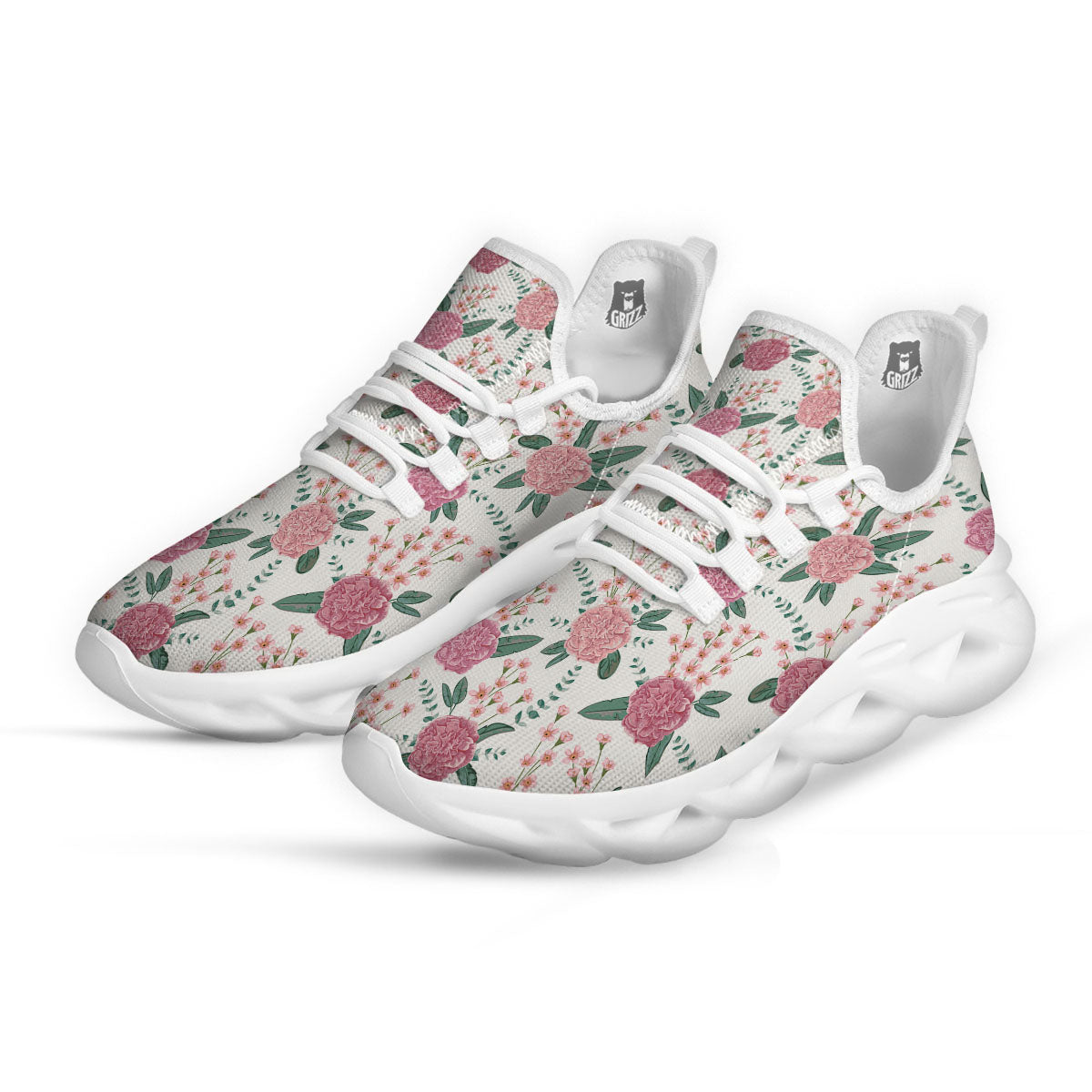 Pink Carnation White Print Pattern White Running Shoes-grizzshop