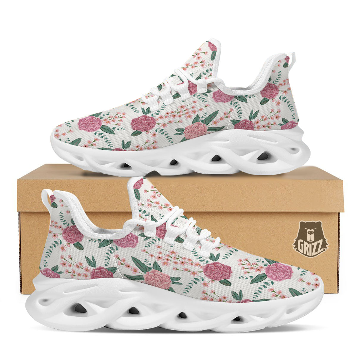 Pink Carnation White Print Pattern White Running Shoes-grizzshop