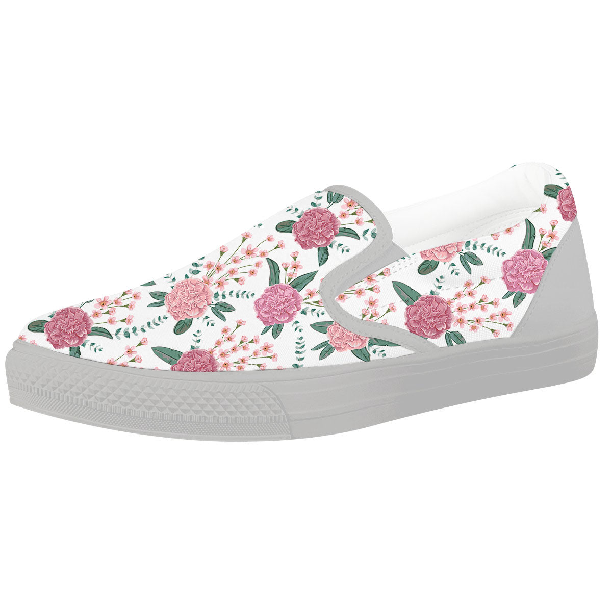 Pink Carnation White Print Pattern White Slip On Shoes-grizzshop