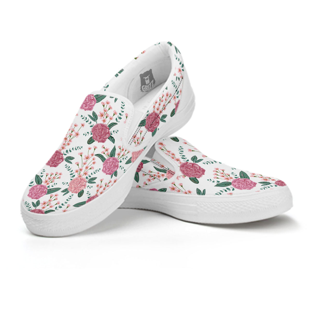 Pink Carnation White Print Pattern White Slip On Shoes-grizzshop