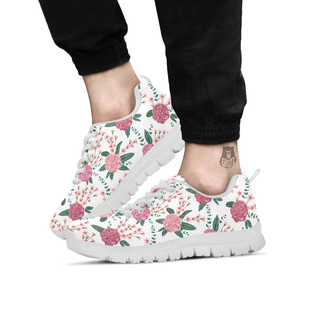 Pink Carnation White Print Pattern White Sneaker-grizzshop