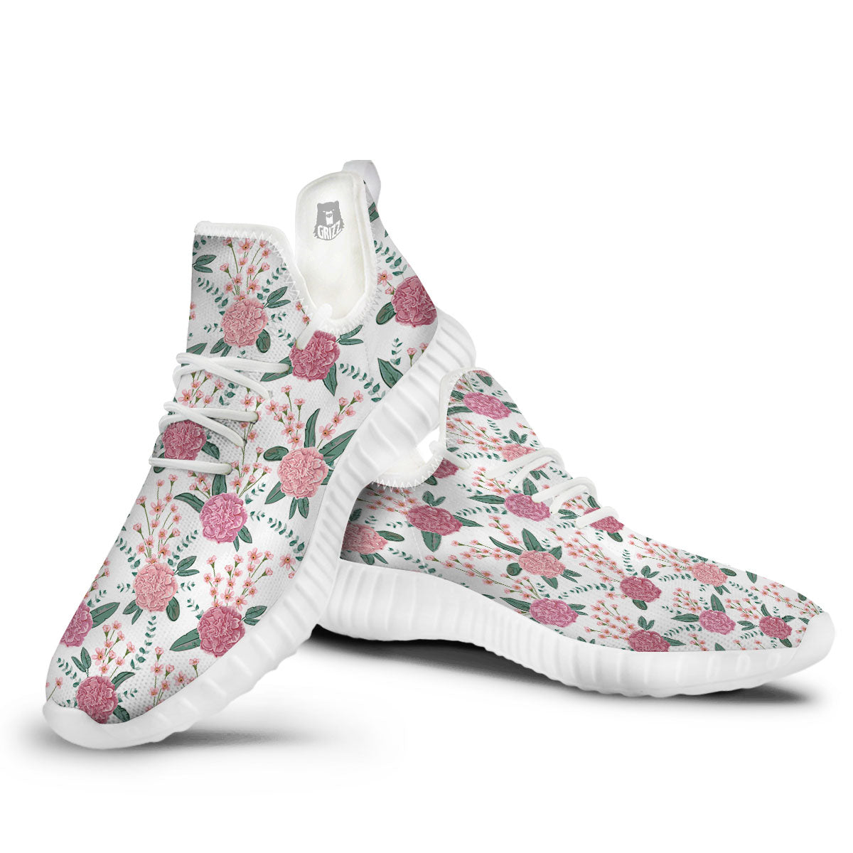 Pink Carnation White Print Pattern White Walking Shoes-grizzshop