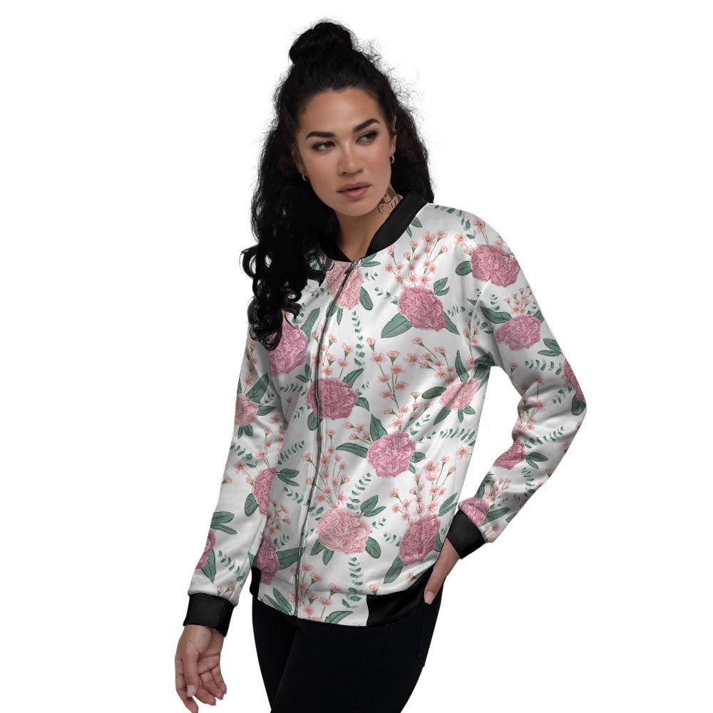 Pink Carnation White Print Pattern Women's Bomber Jacket-grizzshop