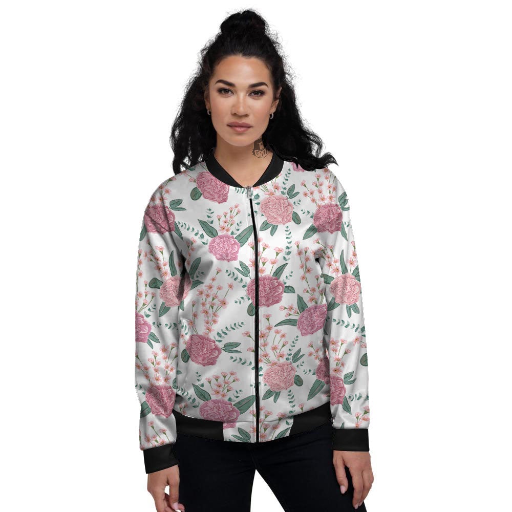 Pink Carnation White Print Pattern Women's Bomber Jacket-grizzshop