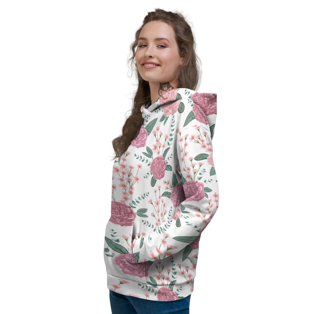 Pink Carnation White Print Pattern Women's Hoodie-grizzshop