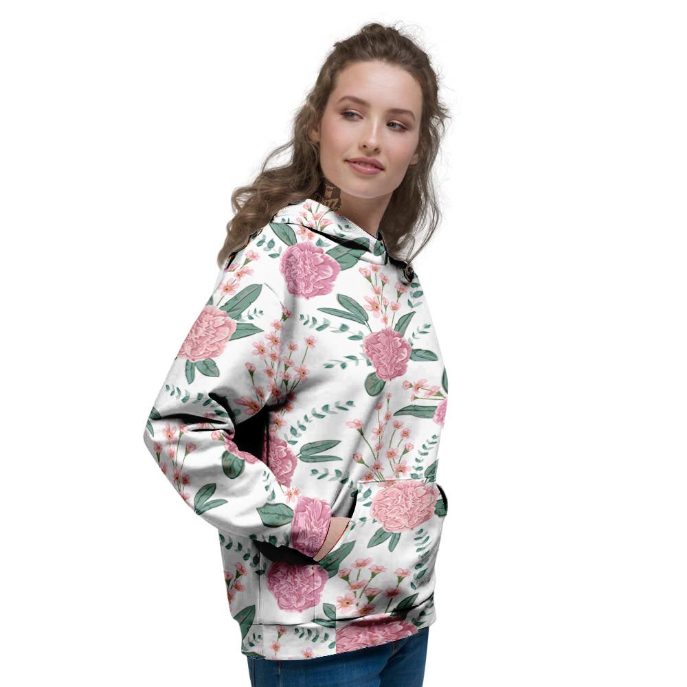 Pink Carnation White Print Pattern Women's Hoodie-grizzshop