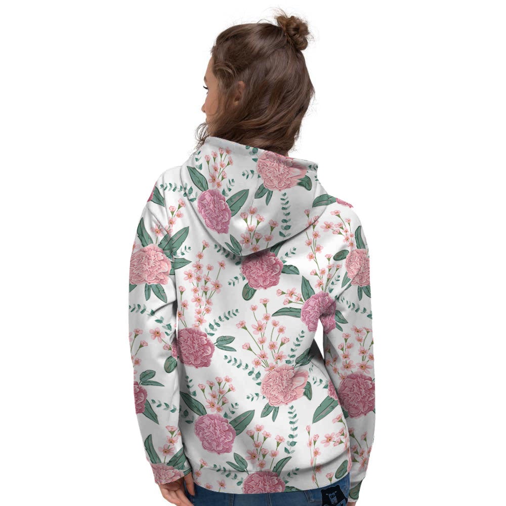 Pink Carnation White Print Pattern Women's Hoodie-grizzshop