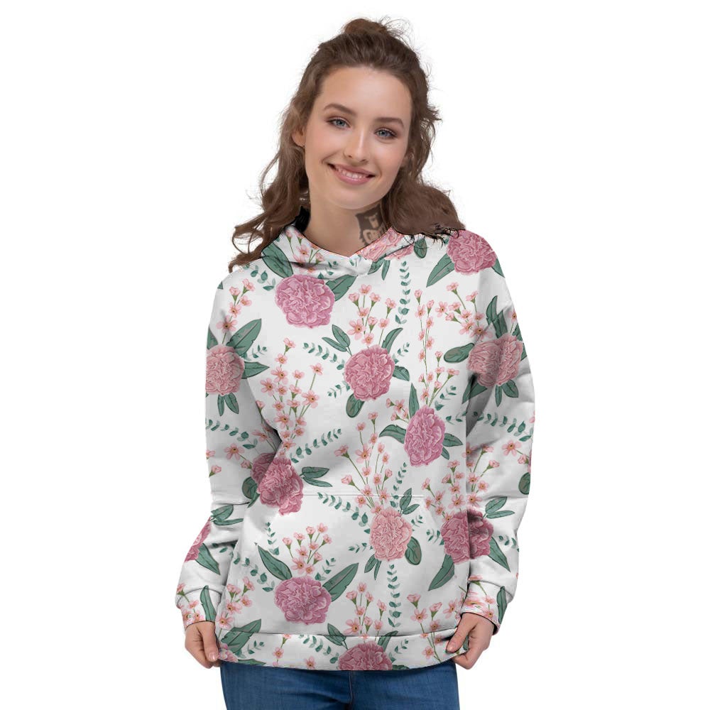 Pink Carnation White Print Pattern Women's Hoodie-grizzshop