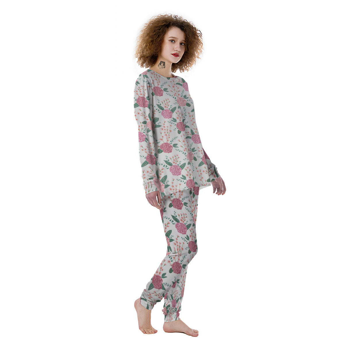 Pink Carnation White Print Pattern Women's Pajamas-grizzshop