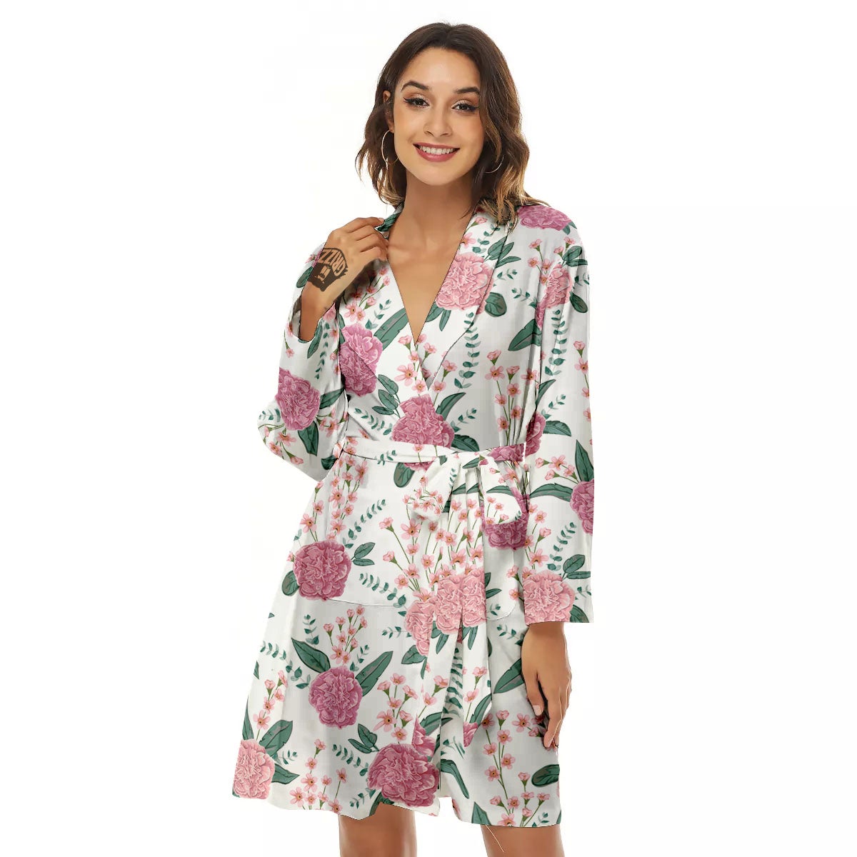 Pink Carnation White Print Pattern Women's Robe-grizzshop