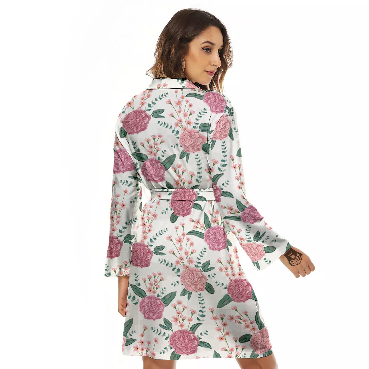 Pink Carnation White Print Pattern Women's Robe-grizzshop