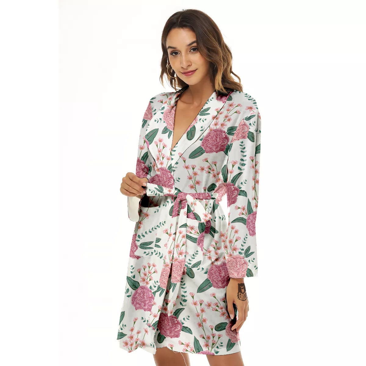 Pink Carnation White Print Pattern Women's Robe-grizzshop