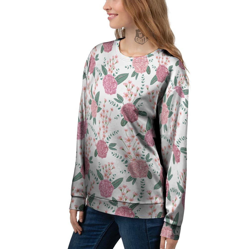 Pink Carnation White Print Pattern Women's Sweatshirt-grizzshop