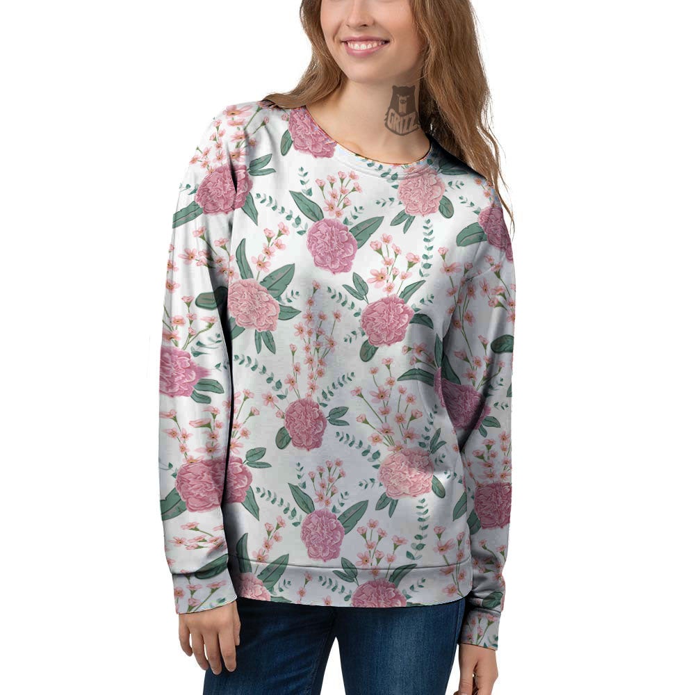 Pink Carnation White Print Pattern Women's Sweatshirt-grizzshop
