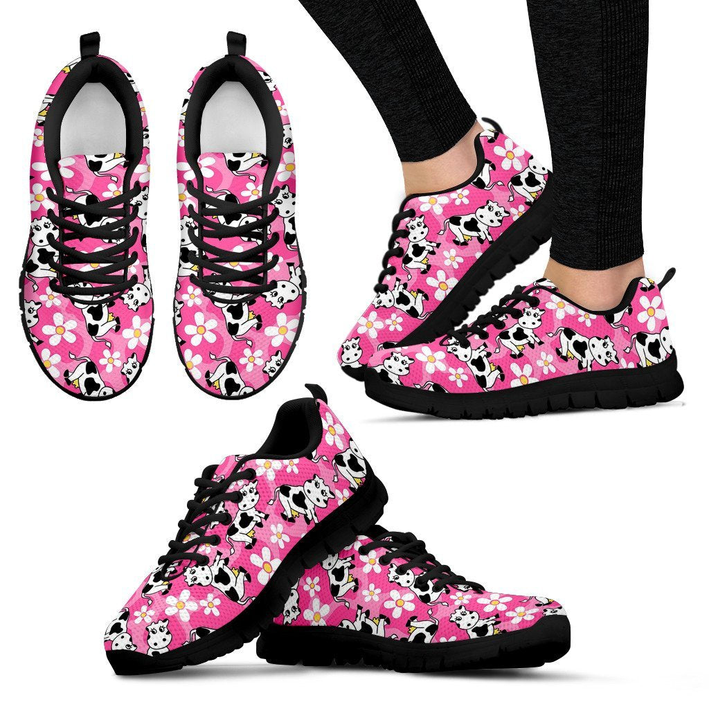 Pink Cartoon Cow Pattern Print Black Sneaker Shoes For Men Women-grizzshop