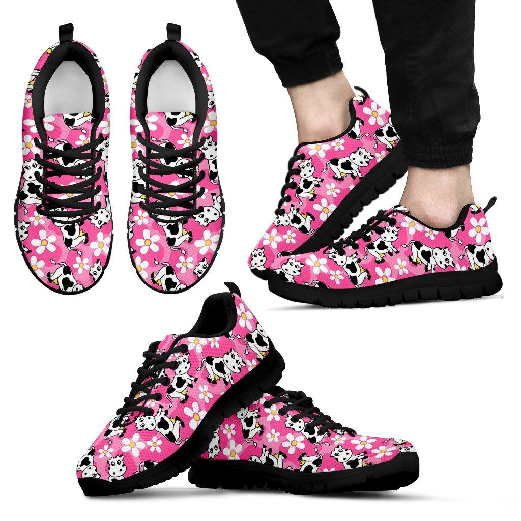 Pink Cartoon Cow Pattern Print Black Sneaker Shoes For Men Women-grizzshop