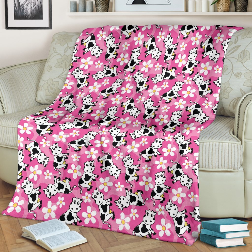 Pink Cartoon Cow Pattern Print Blanket-grizzshop