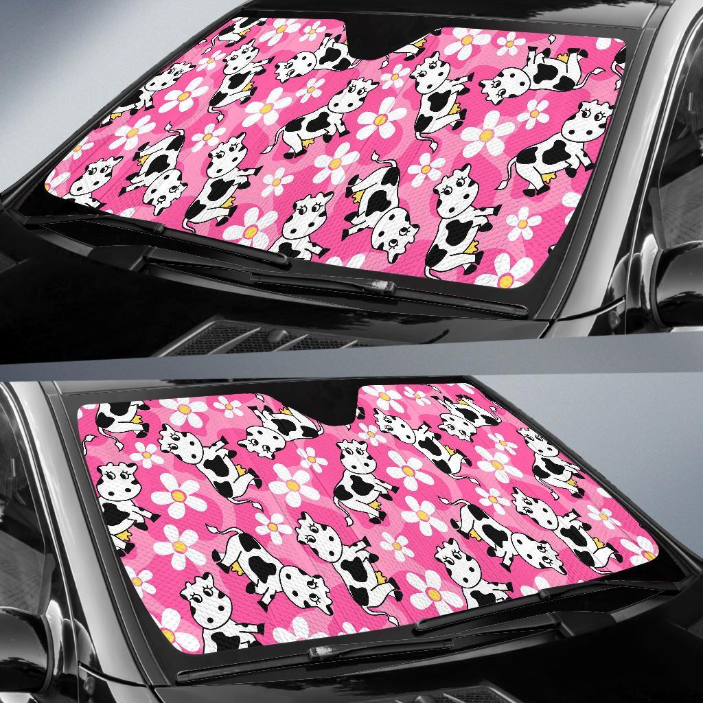 Pink Cartoon Cow Pattern Print Car Sun Shade-grizzshop