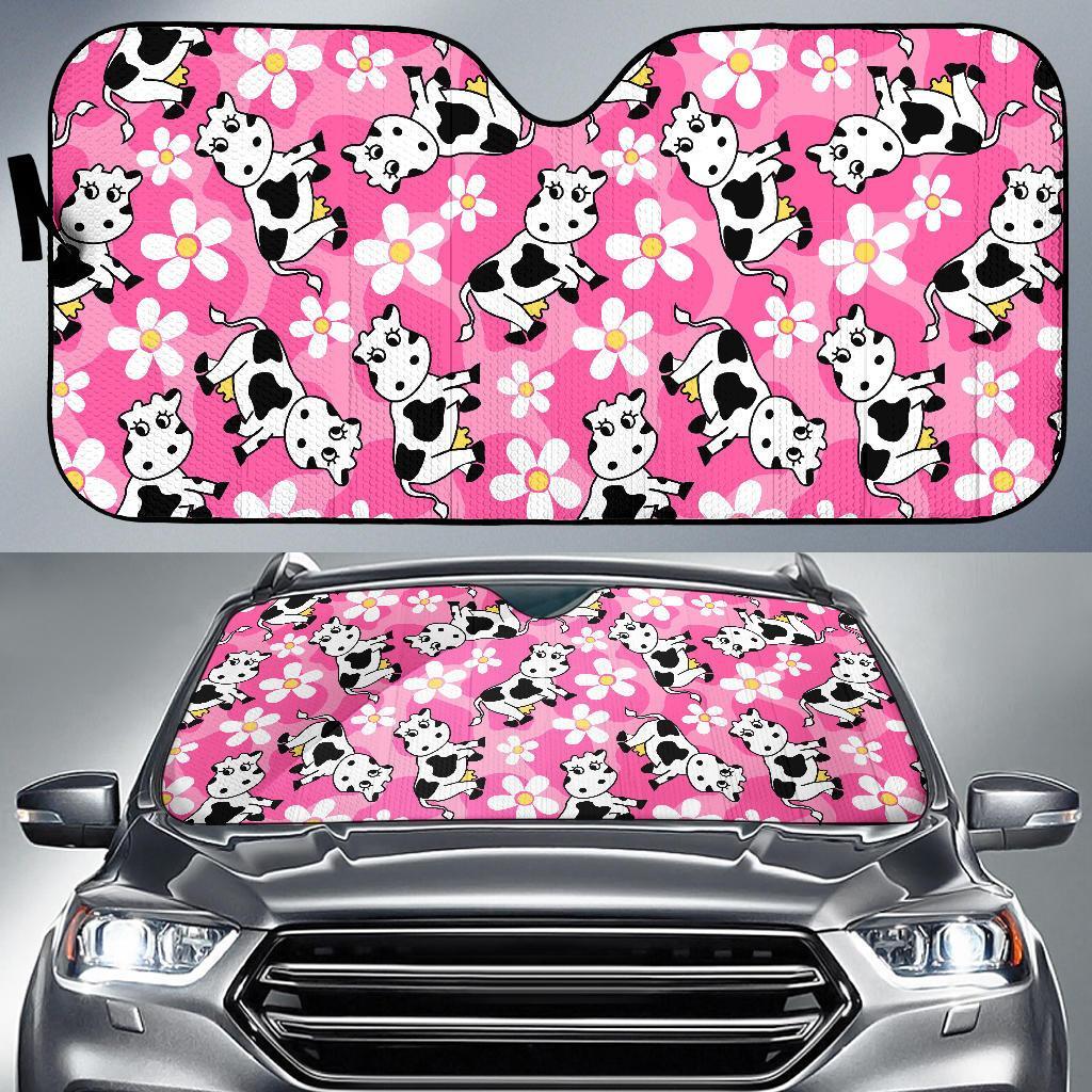 Pink Cartoon Cow Pattern Print Car Sun Shade-grizzshop