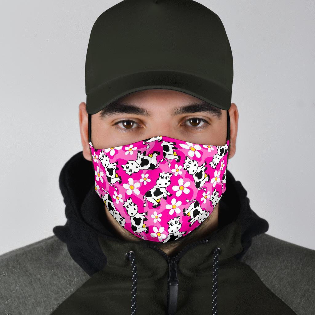 Pink Cartoon Cow Pattern Print Face Mask-grizzshop