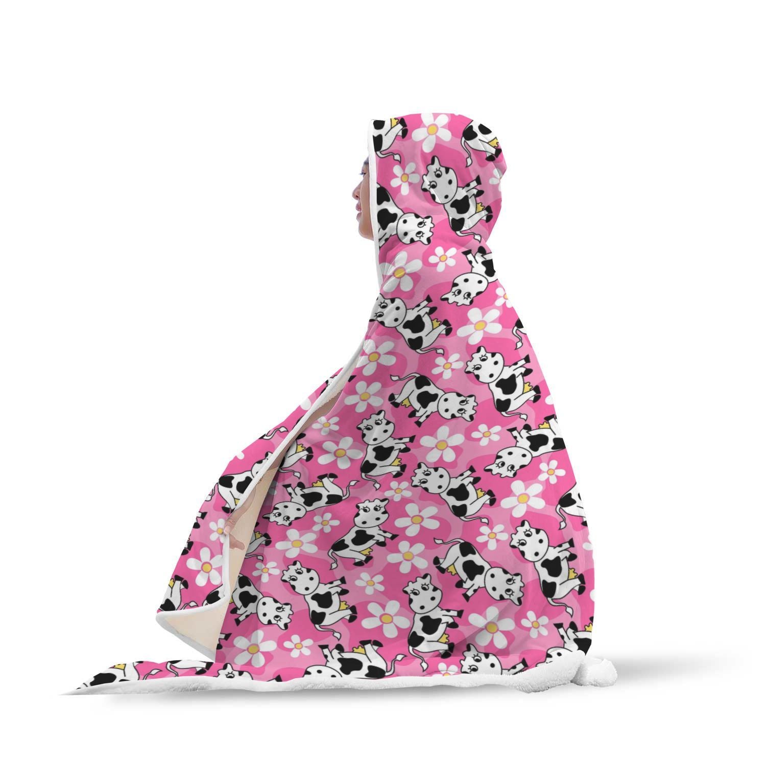 Pink Cartoon Cow Pattern Print Hooded Blanket-grizzshop