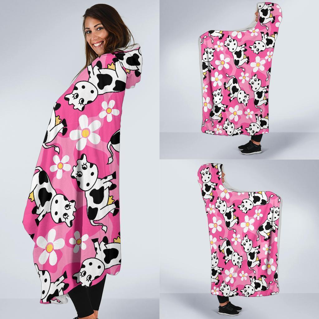 Pink Cartoon Cow Pattern Print Hooded Blanket-grizzshop