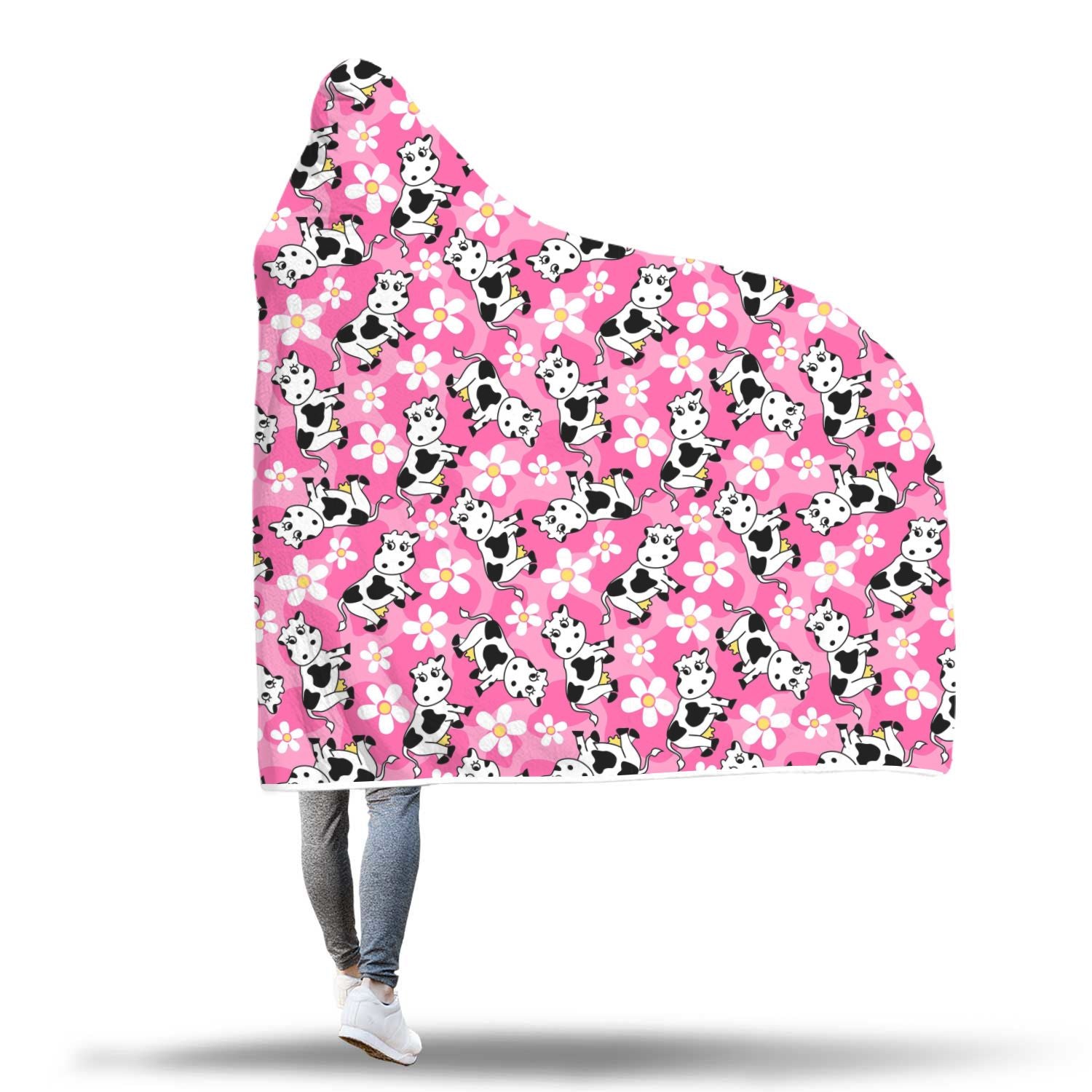 Pink Cartoon Cow Pattern Print Hooded Blanket-grizzshop