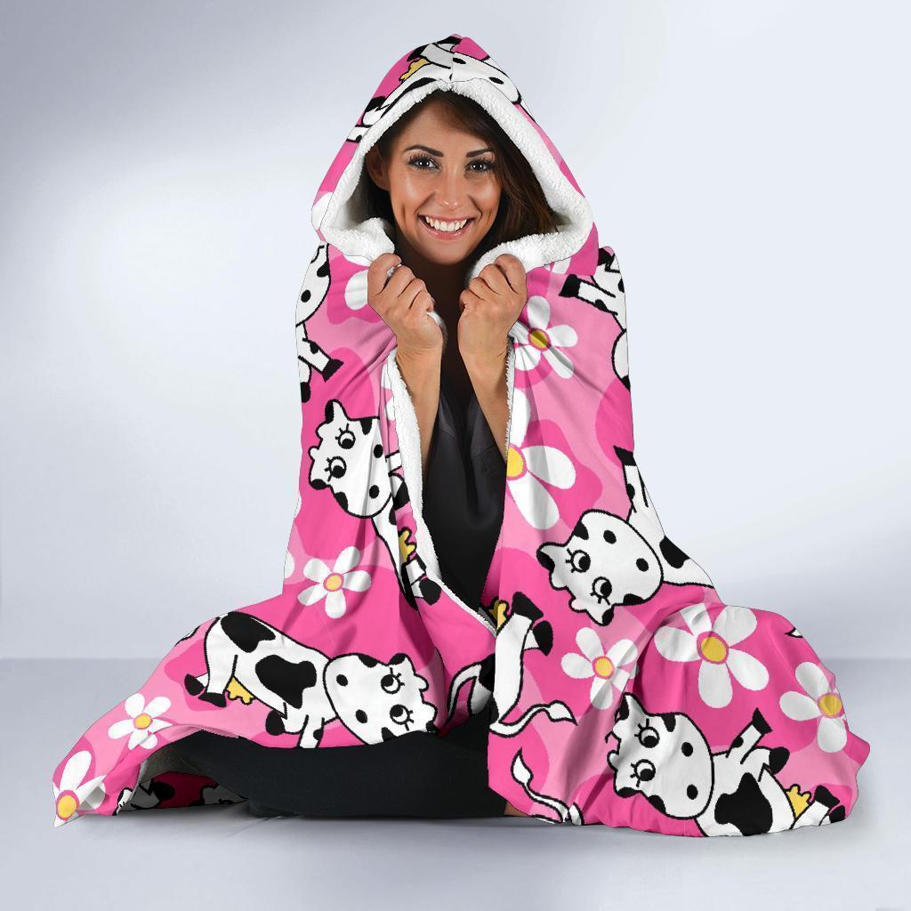 Pink Cartoon Cow Pattern Print Hooded Blanket-grizzshop