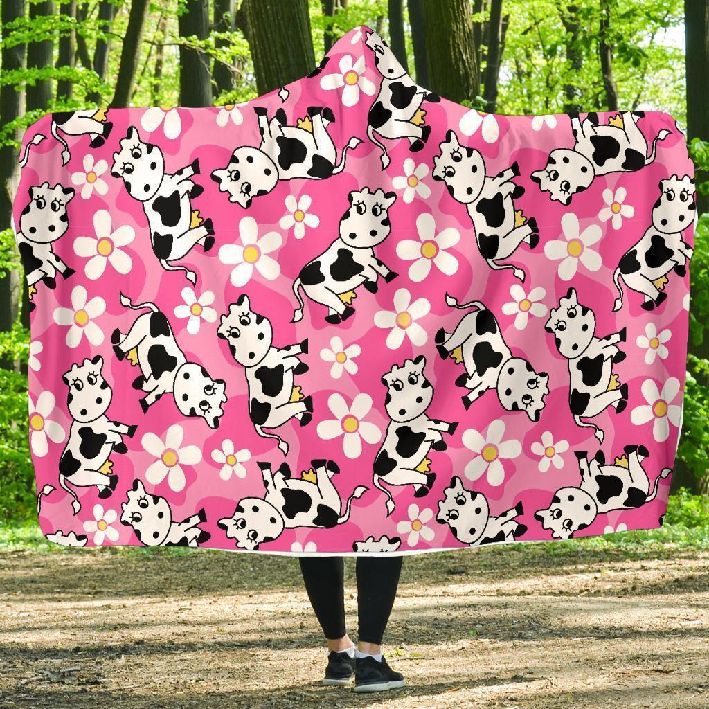 Pink Cartoon Cow Pattern Print Hooded Blanket-grizzshop