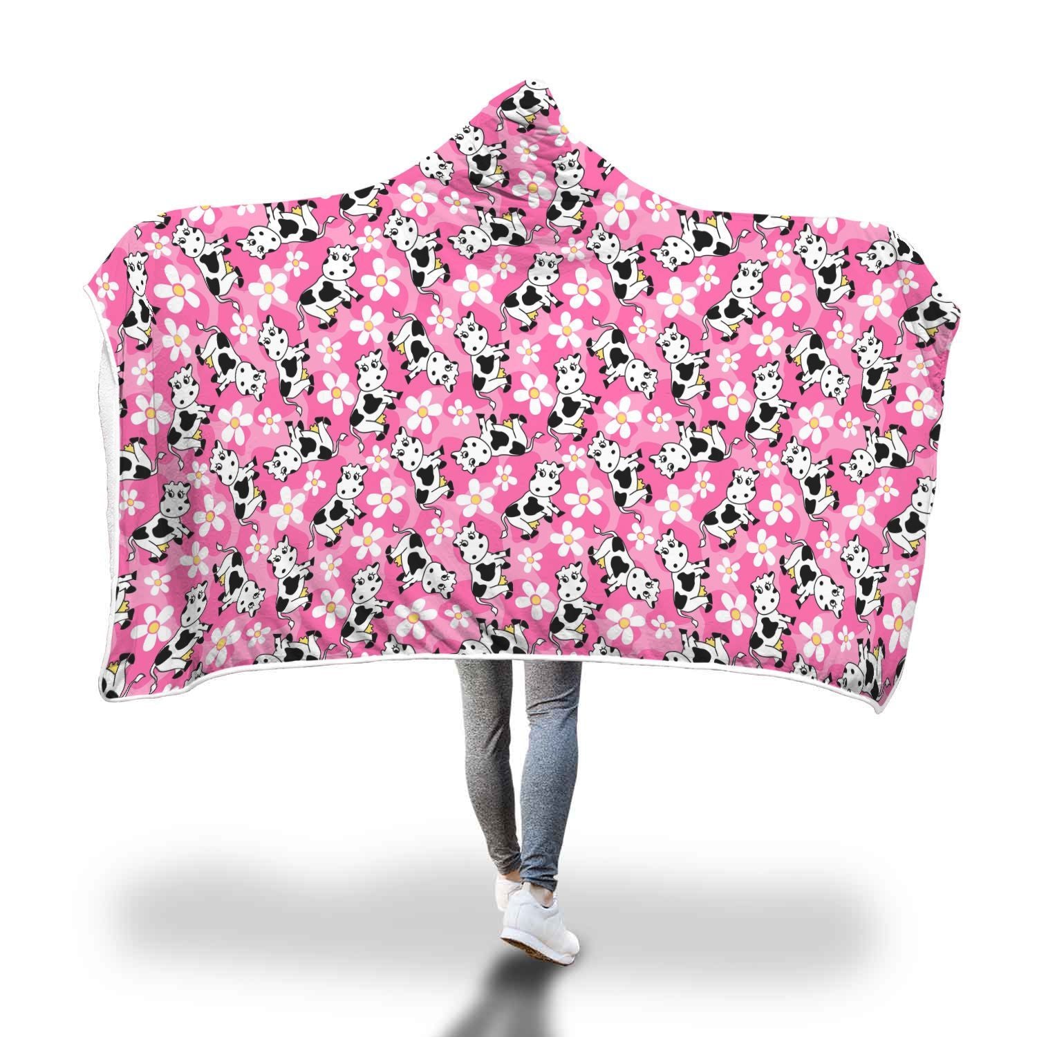 Pink Cartoon Cow Pattern Print Hooded Blanket-grizzshop