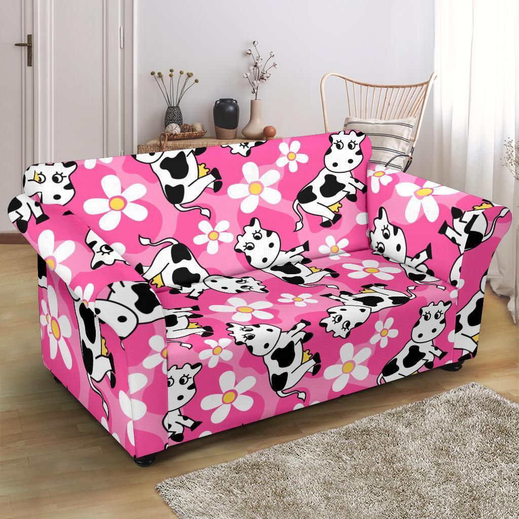 Pink Cartoon Cow Pattern Print Loveseat Cover-grizzshop