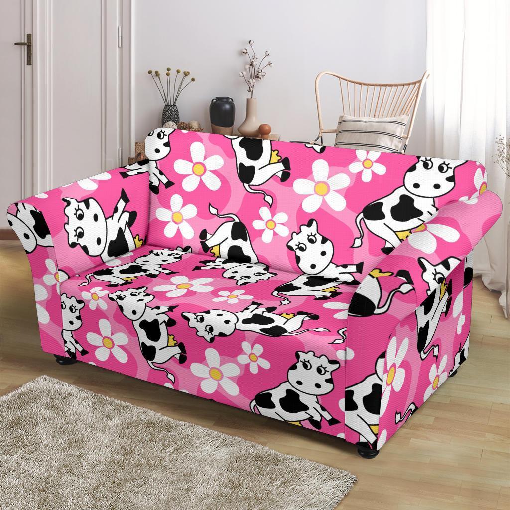 Pink Cartoon Cow Pattern Print Loveseat Cover-grizzshop