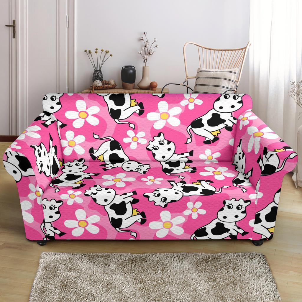 Pink Cartoon Cow Pattern Print Loveseat Cover-grizzshop