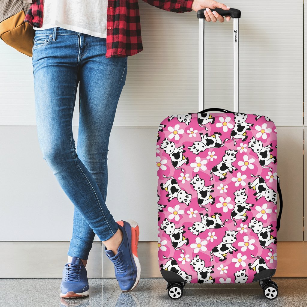 Pink Cartoon Cow Pattern Print Luggage Cover Protector-grizzshop