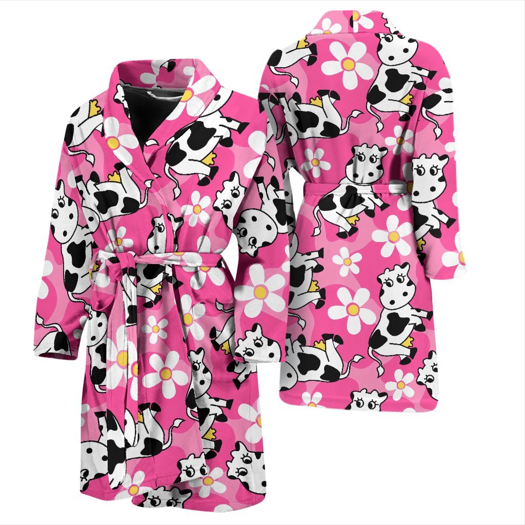 Pink Cartoon Cow Pattern Print Men Long Robe-grizzshop