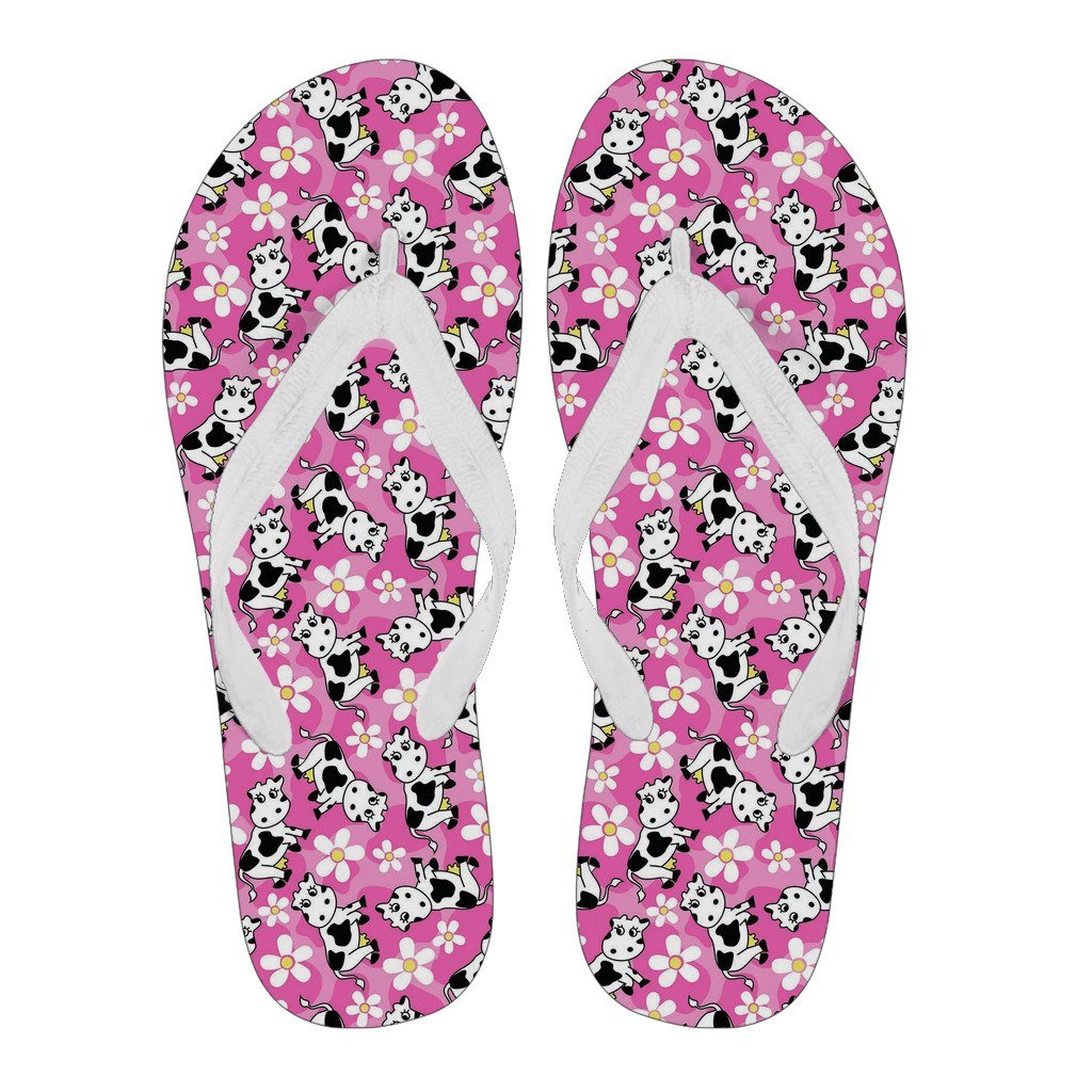 Pink Cartoon Cow Pattern Print Men & Women Flip Flops-grizzshop