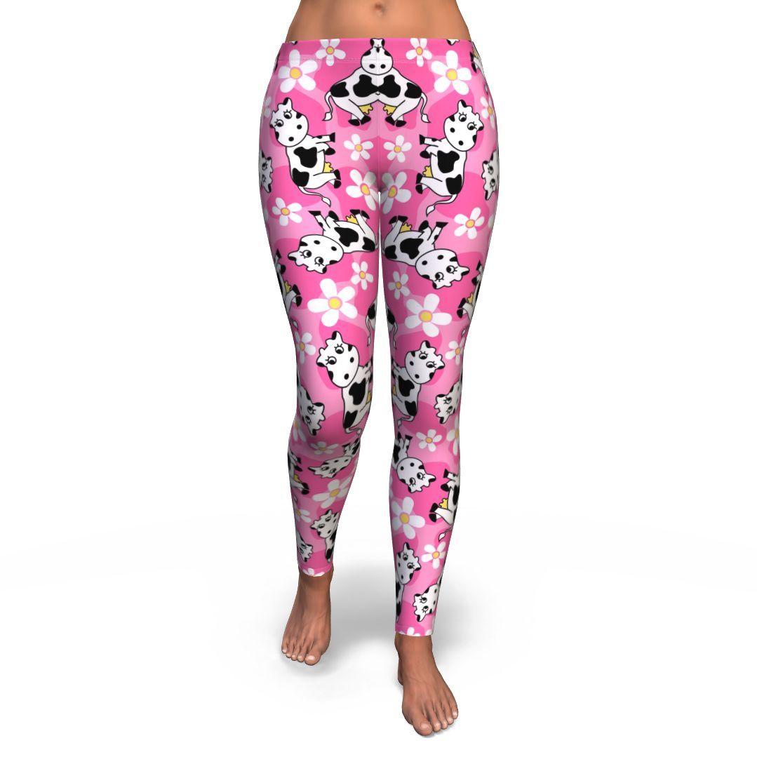 Pink Cartoon Cow Pattern Print Pattern Women Leggings-grizzshop