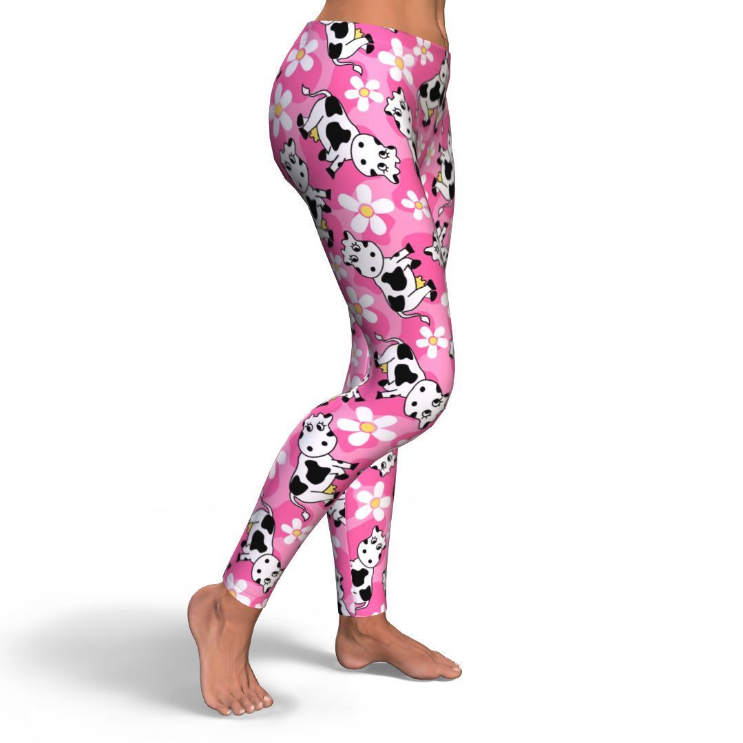 Pink Cartoon Cow Pattern Print Pattern Women Leggings-grizzshop