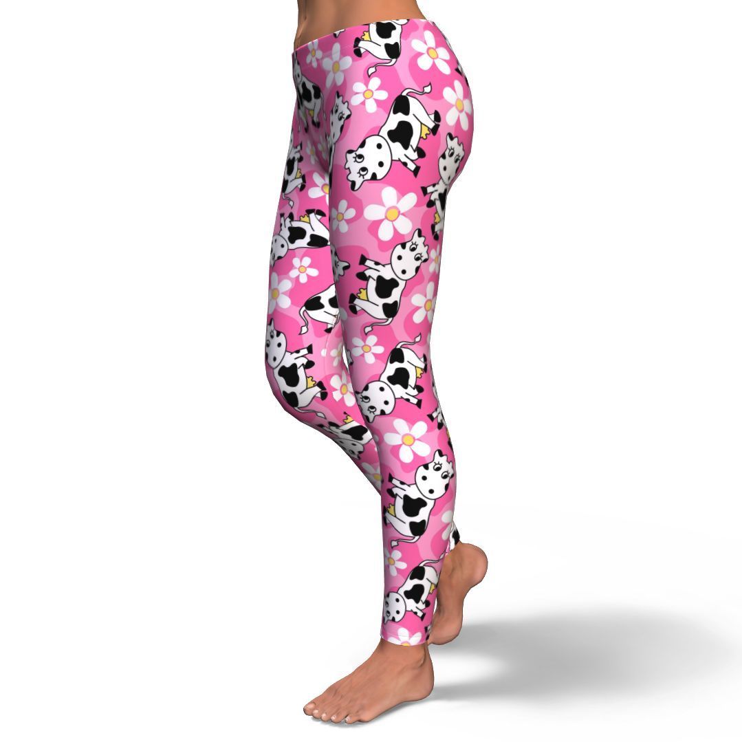 Pink Cartoon Cow Pattern Print Pattern Women Leggings-grizzshop