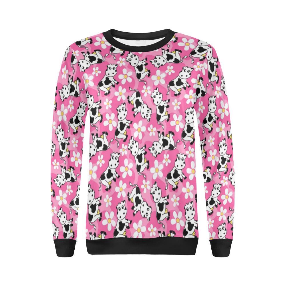 Pink Cartoon Cow Pattern Print Women Crewneck Sweatshirt-grizzshop